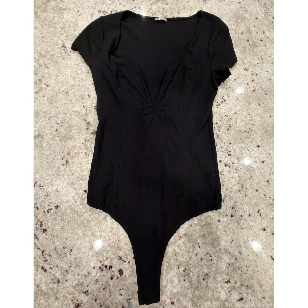 Intimately By Free People Black Short Sleeve‎ Bodysuit Twist Front Size L